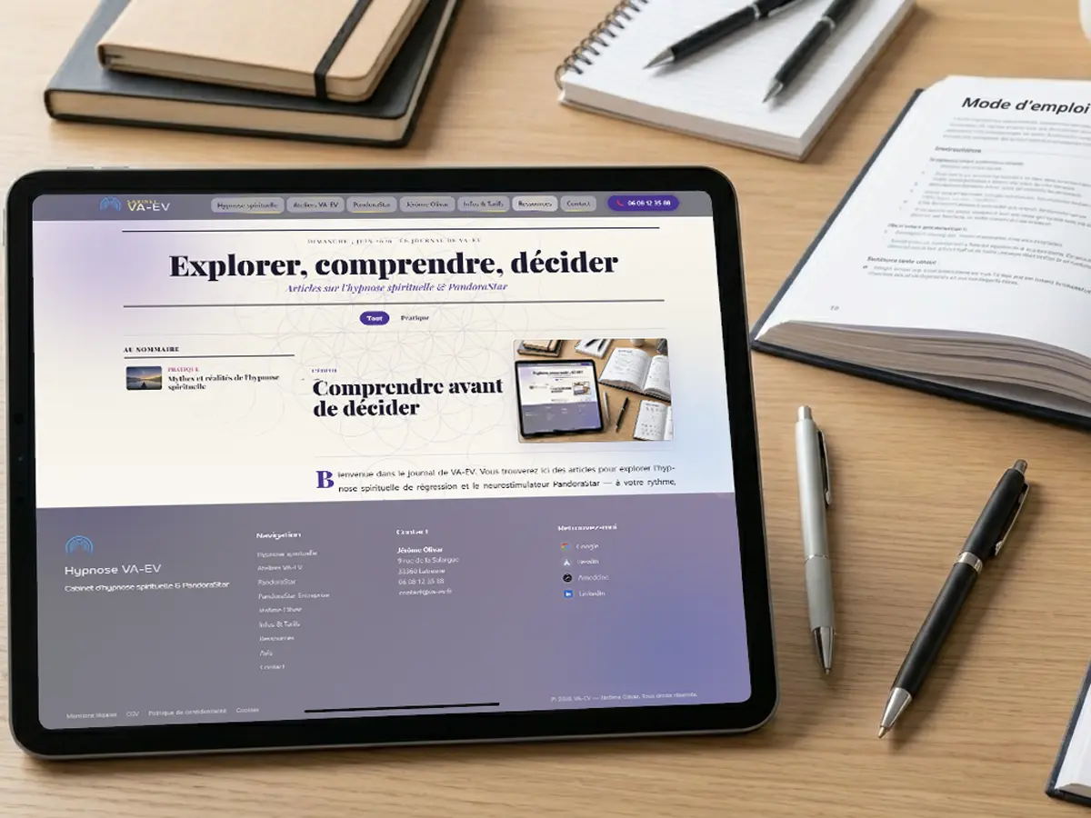Bureau avec livres, carnet et crayons évoquant la lecture des articles et ressources sur l’hypnose spirituelle de régression