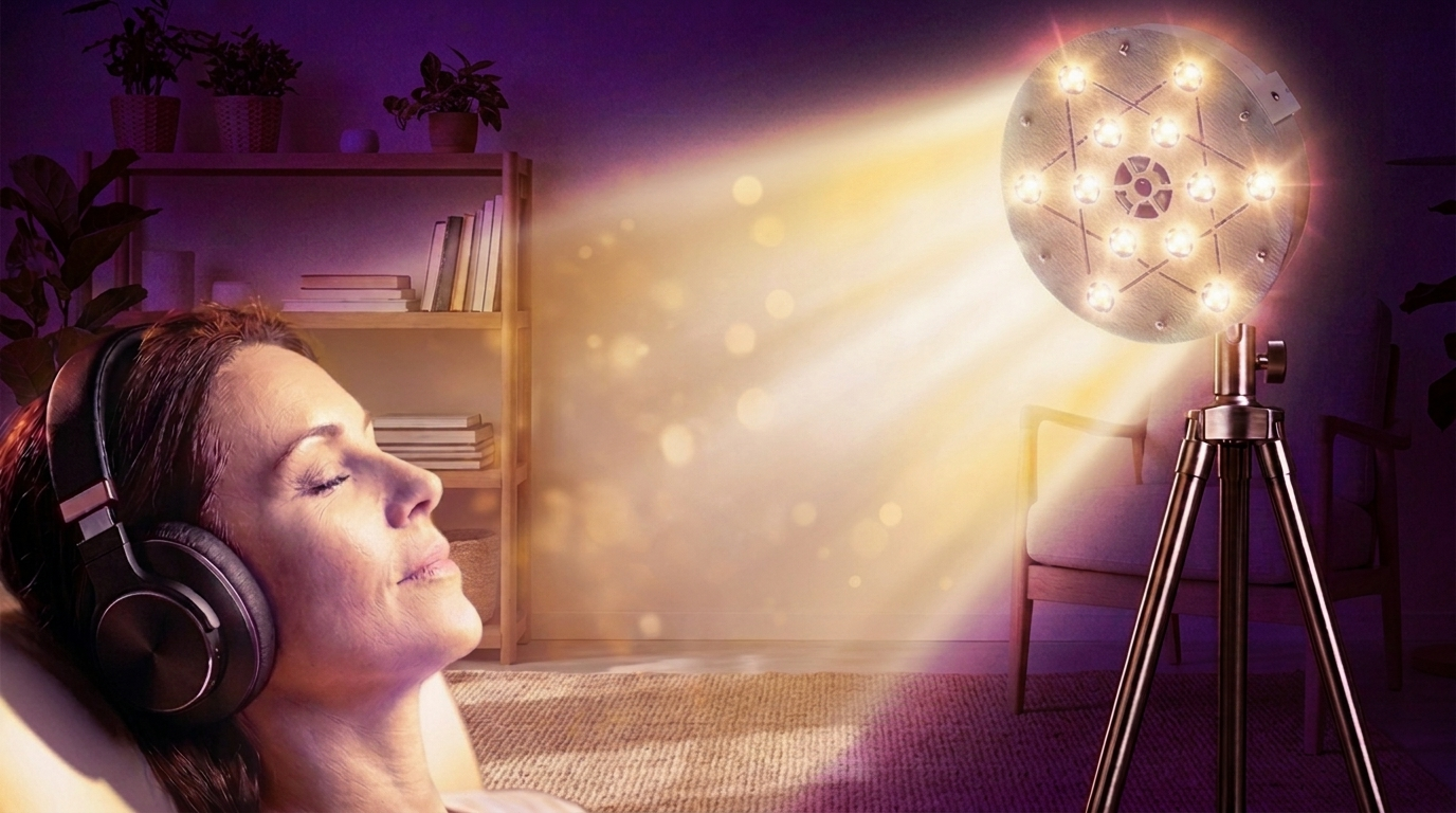 Lampe PandoraStar allumée au centre d'un cabinet en lumière tamisée mauve, fauteuil de séance en arrière-plan — Bordeaux