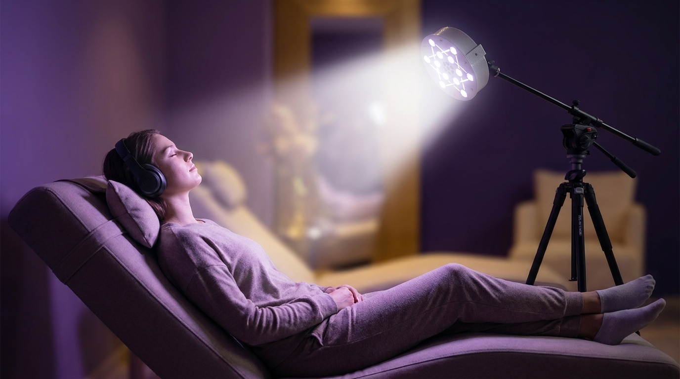 Séance PandoraStar : personne allongée avec casque audio, lampe de neurostimulation lumineuse dirigée vers le visage, cabinet feutré à Bordeaux